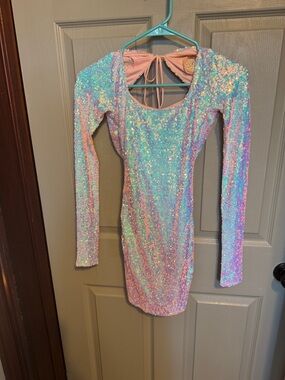 Lucy in the Sky Iridescent Sequin Mini Dress in Pink and Aqua
